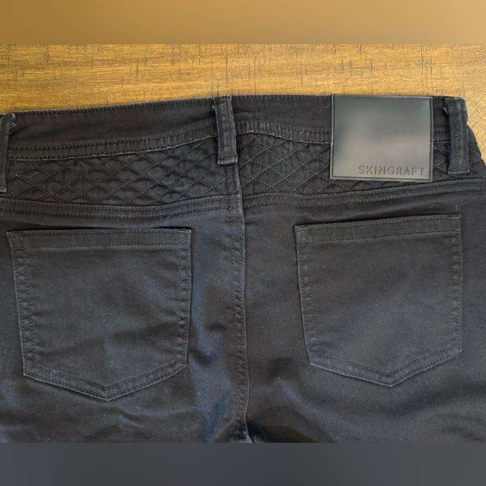 Skingraft Black Moto Skinny Jeans With Quilted Panels And Zipper Details Size 28 - Picture 10 of 16